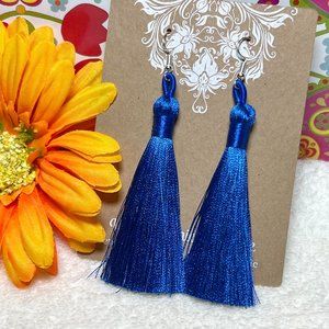 Tassel Earrings Long Drop Dangles Blue Smooth Silky Fringe Dressy Elegance NWT